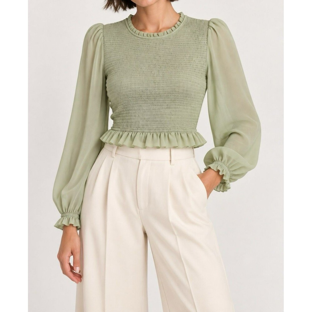 Wilfred Aritzia Tempest Smocked Sage Green Top Large Sheer Sleeves Crop Romantic
